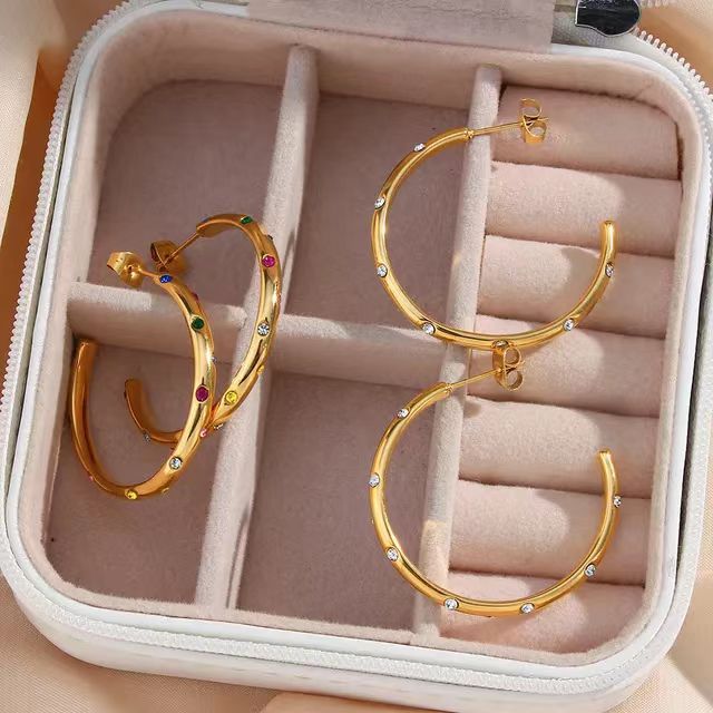 Wholesale   Stainless Steel C-shaped Colorful Zirconia Earrings White Zirconia Hoop Earrings  Women's Jewelry