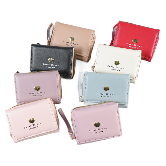 Wholesale Modern Heart-Shaped PU Leather Wallet for Women - Tri-Fold Card Holder with Zipper White - Casual Resale Accessory