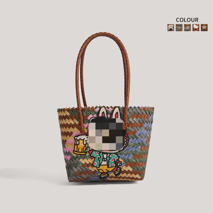 Wholesale  Summer Cartoon Woven Bag Large Capacity Work Bag Hand Woven Vegetable Basket Women' s Shoulder Bag