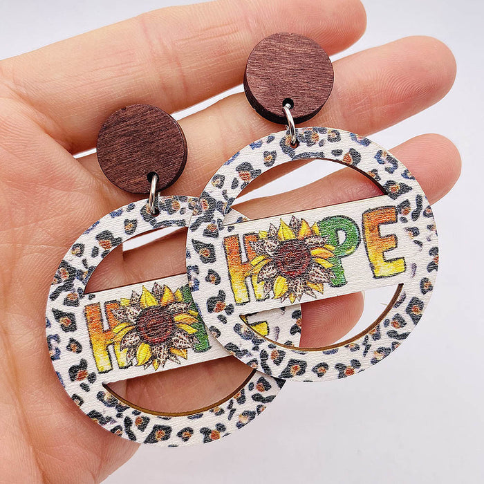 Wholesale Wooden Earrings Hollow Sunflower  Personalized Leopard Print Striped Retro Earrings