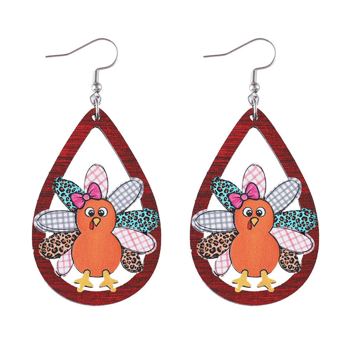 Wholesale Harvest Thanksgiving Cute Turkey Water Drop Hollow Pendant Earrings Wooden Double-Sided Earrings