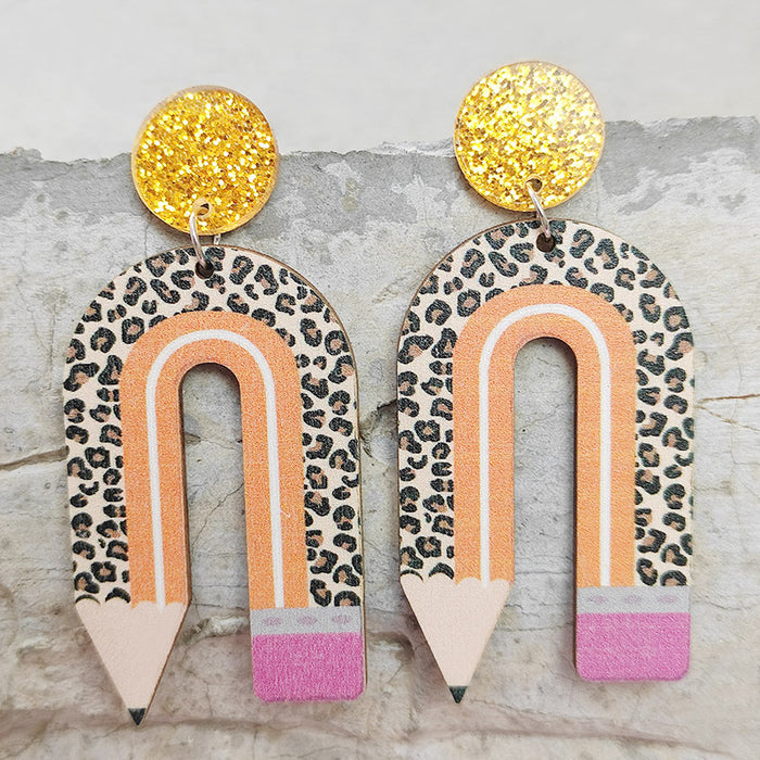 Wholesale 2 Pairs/Pack Wooden Printing Pencil U Shape Leopard Print Color Matching Earrings JDC-ES-HeYi072