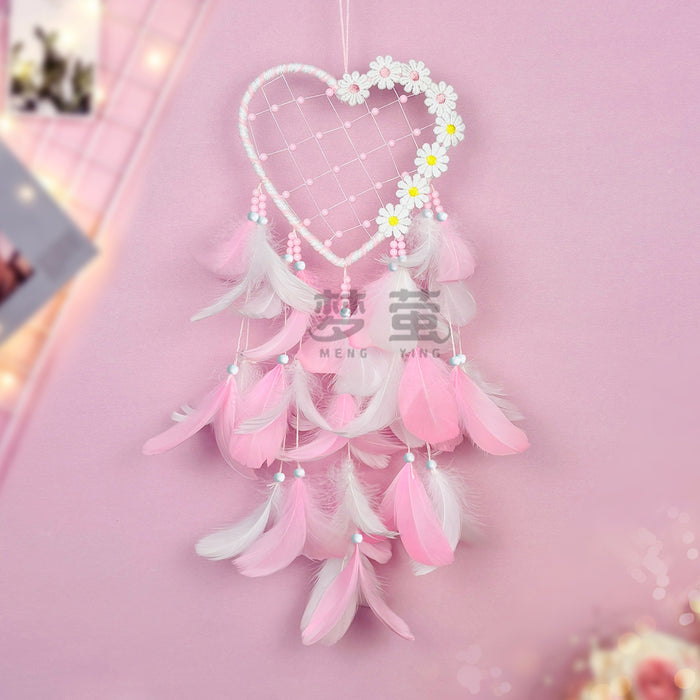 Wholesale Heart Feather Dream Catcher Wall Hanging Pink White Sweet Style Decorative Accent MOQ≥2