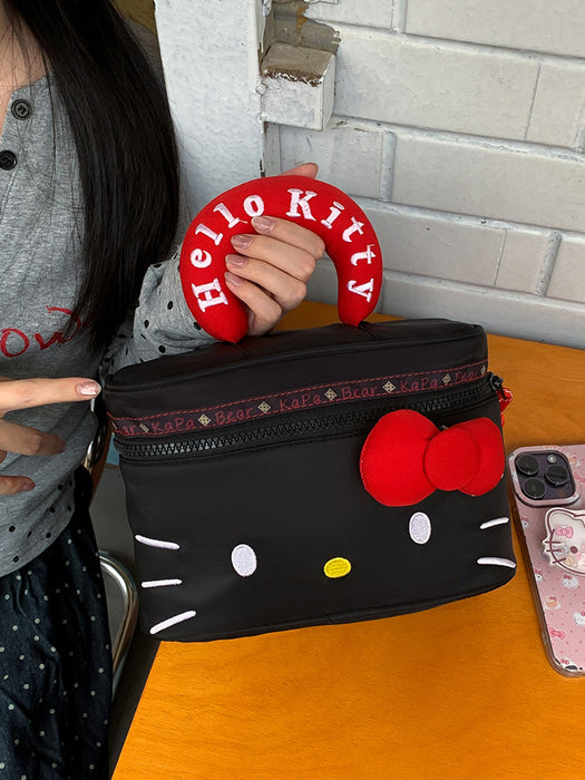 Wholesale Cute black kitten handbag with cartoon bow,  a storage and makeup bag.