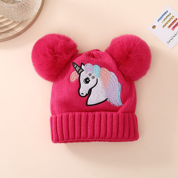 Wholesale Children' s Knit Hat for Autumn and Winter  Embroidered Unicorn and Double Pom-Poms Warm Winter Hat