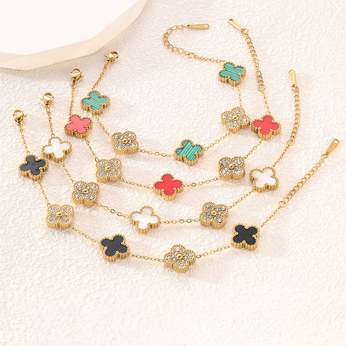 Wholesale Four leaf clover light luxury design double-sided five flower bracelet with diamond inlaid and flower titanium steel