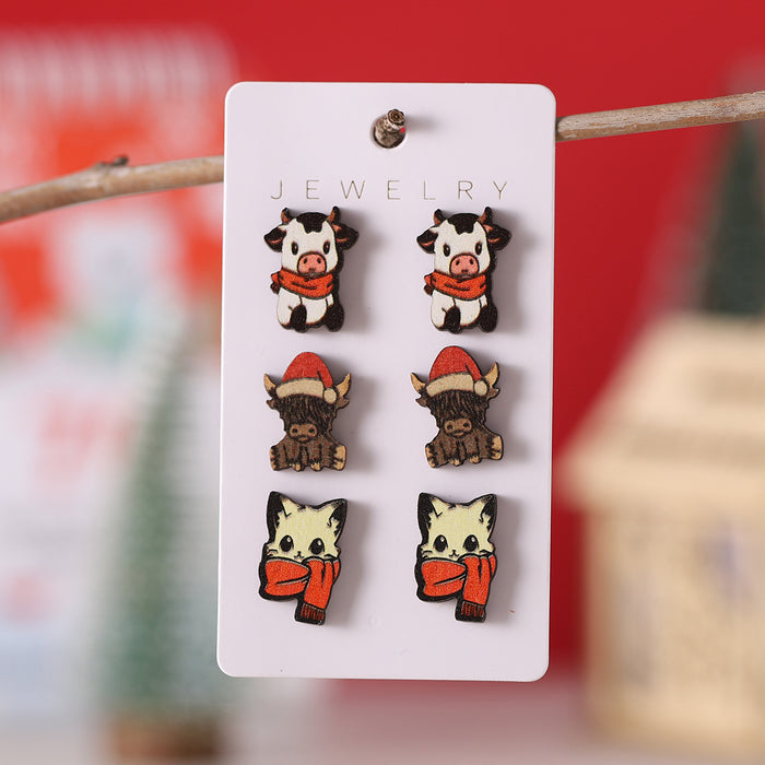 Wholesale Christmas Wooden Earring Set Snowman Santa Design Fashion Accessory