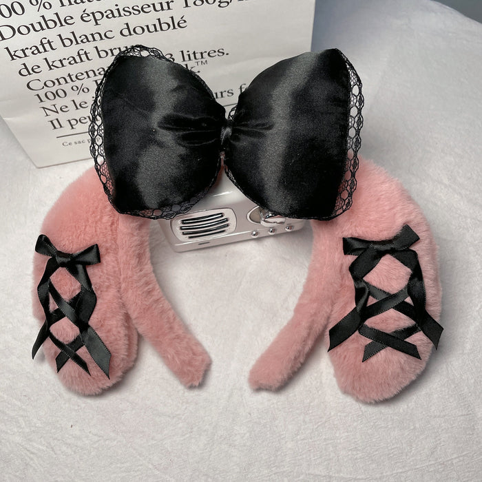 Wholesale Cute Bow Lace Plush Rabbit Ear Hair Band Women Wash Face Hair Band