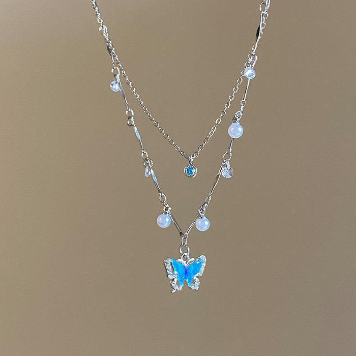 Wholesale Summer sea blue pearl butterfly necklace dress accessories double-layer collarbone chain