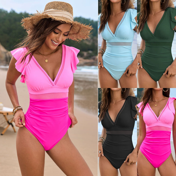 Wholesale Mesh splicing swimsuit with ruffle edge one-piece swimsuit