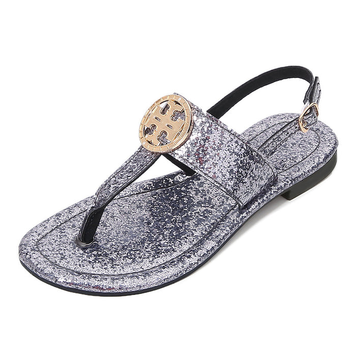 Wholesale Crystal Sequin Simple Low Heel Flat Large Size Sandals JDC-SD-ChengMei001