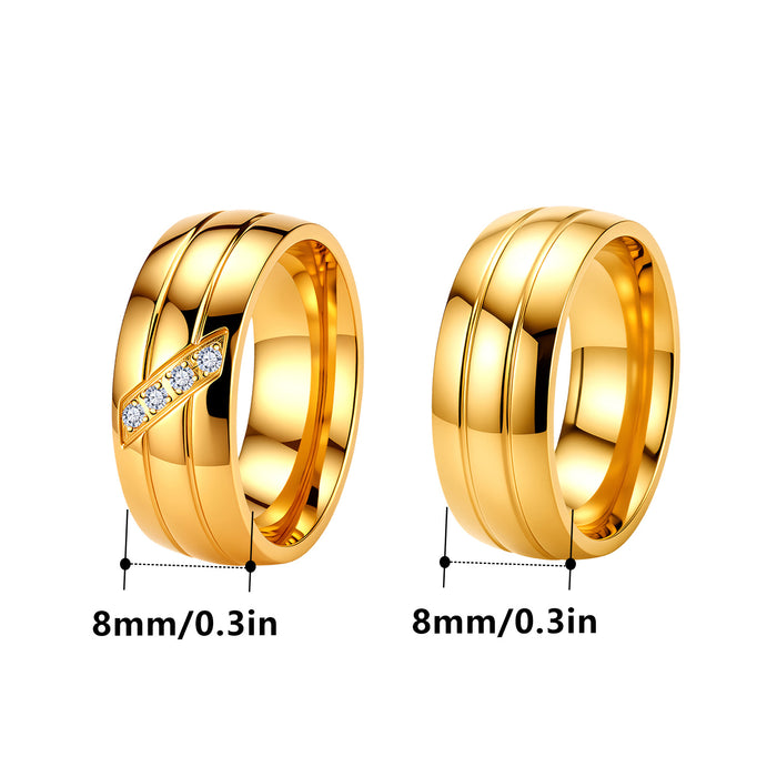 Wholesale Gold Stainless Steel Couple Ring with Diamond Inlay Fashion Jewelry Accessory