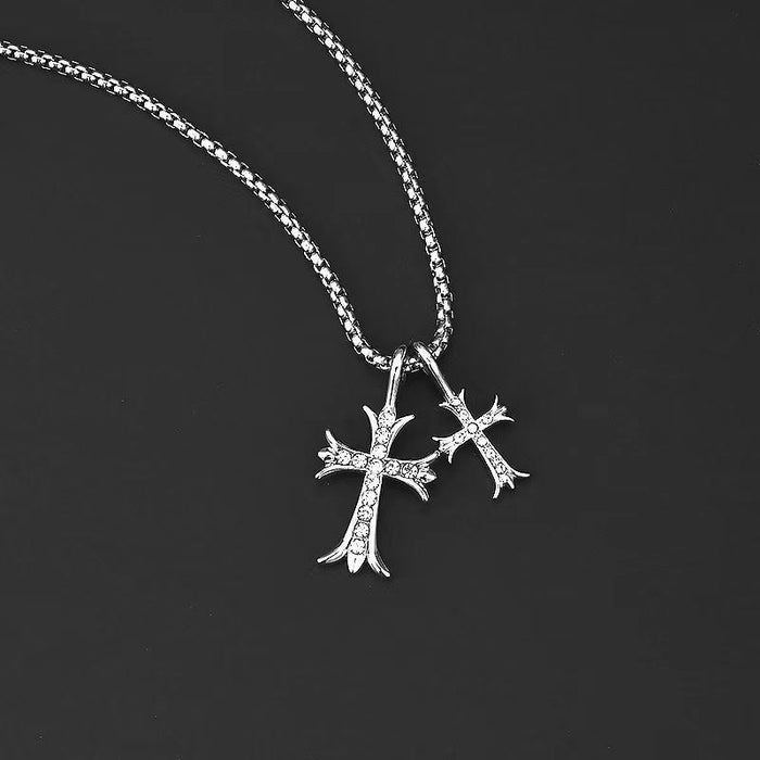 Wholesale Diamond Size Double Cross Titanium Steel Necklace JDC-NE-JuXing009