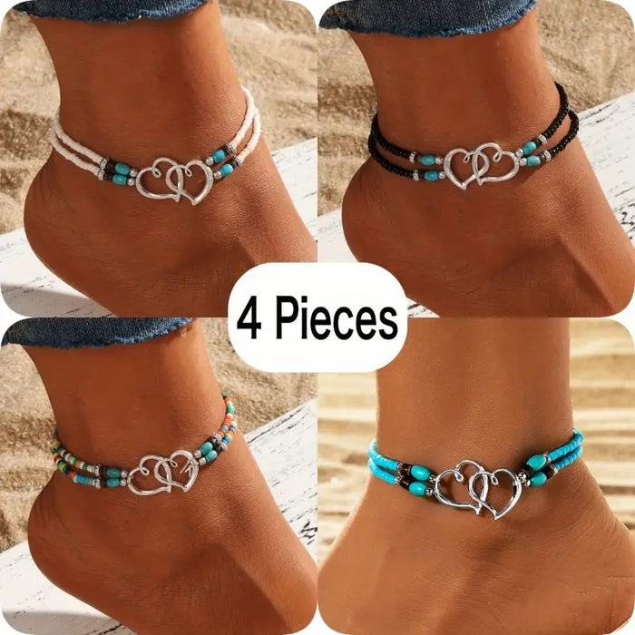 Wholesale Beach Vacation Style Double Heart Beaded Jewelry Set Alloy Necklace and Bracelet MOQ≥2