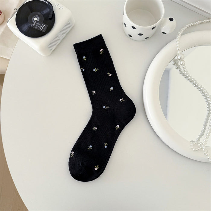 Wholesale Boneless card silk floral retro mid length socks with mesh breathable and versatile design