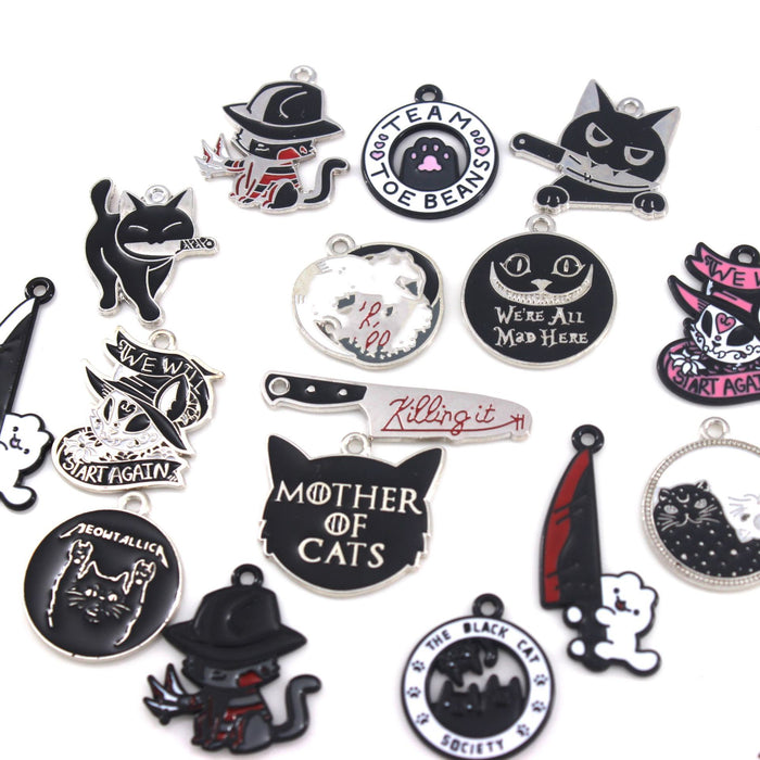 Wholesale 10pcs Cute Black Cat Dagger Alloy Oil Dropping Funny Jewelry Pendant Keychain Pendant Accessories