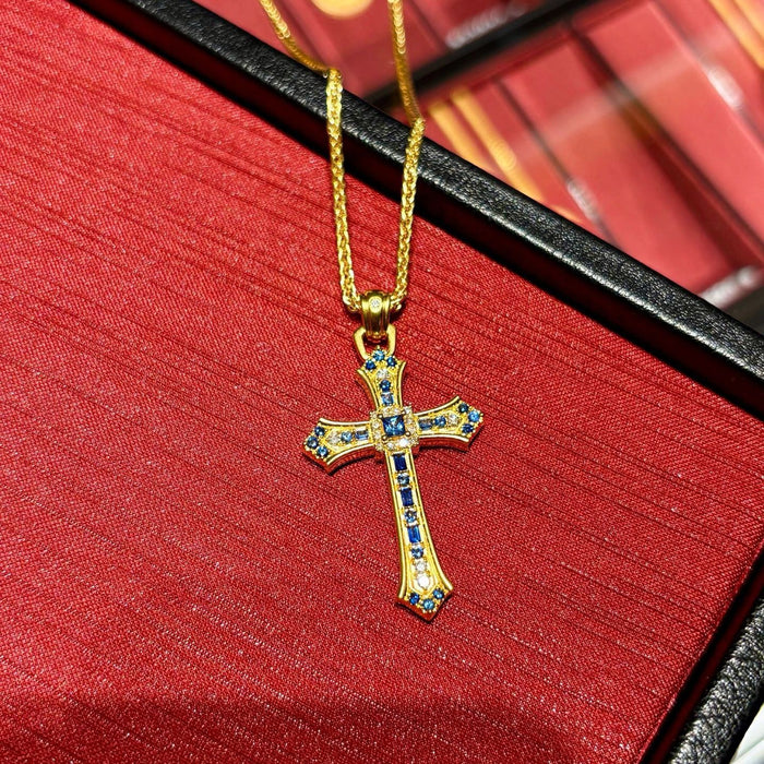 Wholesale 24K Gold Plated Brass Sapphire Blue Cross Pendant Sweater Chain Necklace Trendy Fashion Accessory