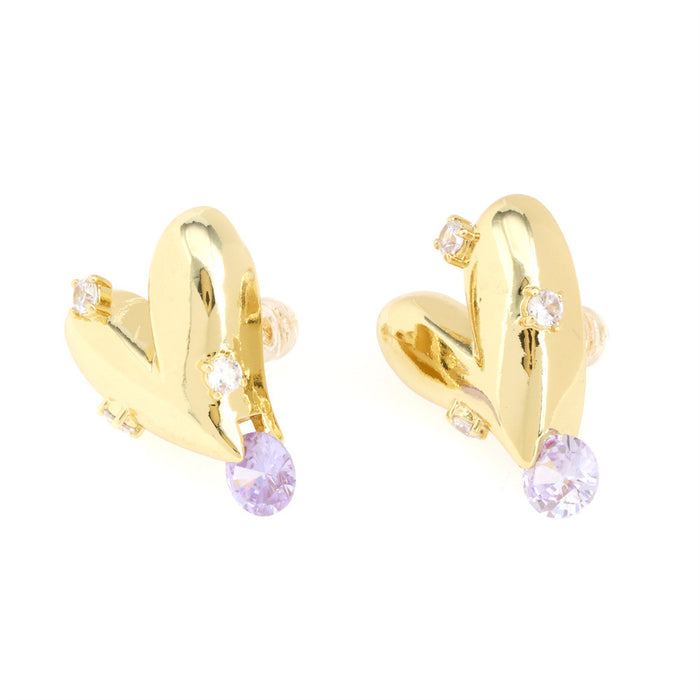 Wholesale Earrings Inlaid Purple Zircon Heart Gold Plated Copper JDC-ES-PREMTIANY003