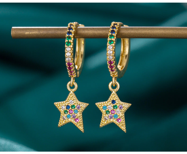 Wholesale gold and diamond five-pointed star earrings,  rainbow zircon star pendant earrings,  light luxury vacation style,  versatile earrings