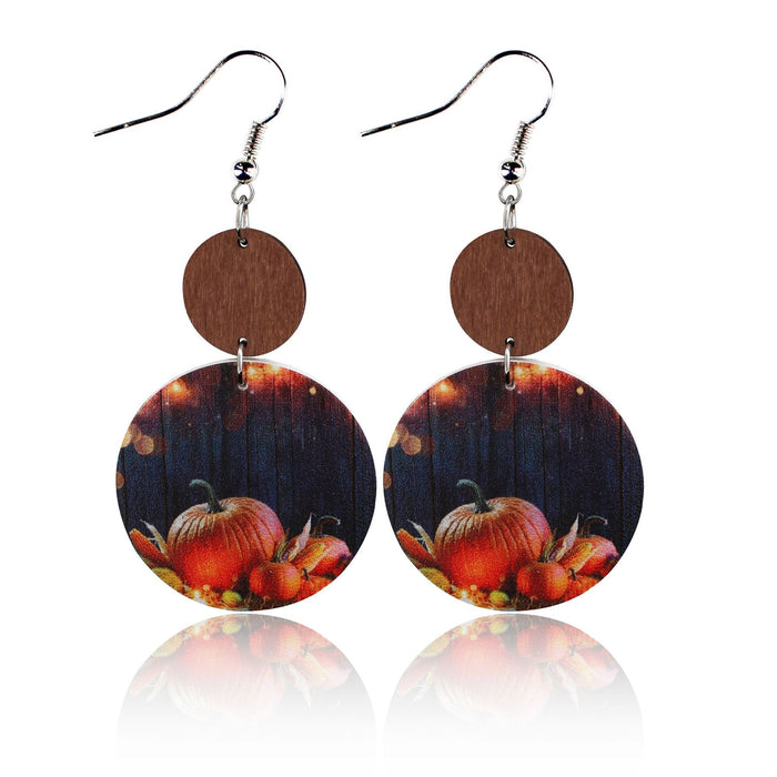 Wholesale Thanksgiving Pumpkin Western Leopard Print Sunflower Eyes Round Leather Wood Block Earrings