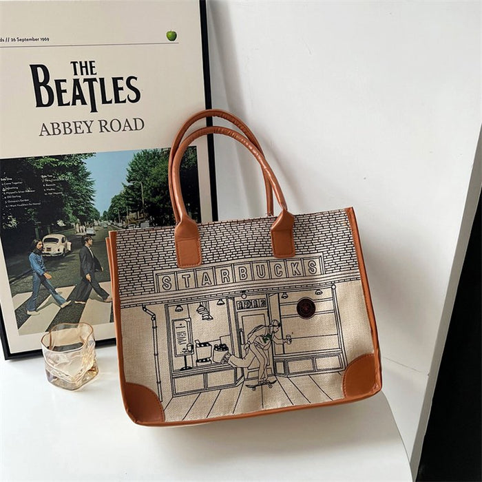 Wholesale Trendy Cartoon Print Cotton Linen Zipper Tote Bag Fashion Accessory Gift