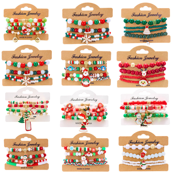 Wholesale Christmas Day Festival Color Acrylic Diamond Snowflake Bell Elastic Beaded Bracelet Christmas suit