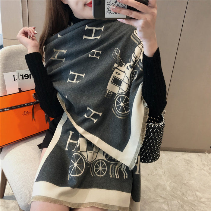 Wholesale H Carriage Medium Length Imitation Cashmere Scarf Korean Retro Neck Thick Warm Female Shawl JDC-SF-Yunt004