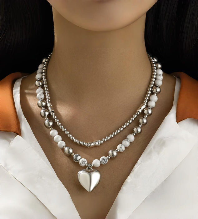 Wholesale Bead necklace set, heart pendant, imitation turquoise bead collarbone chain