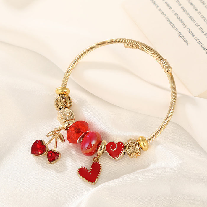 Wholesale Sweet Cherry Heart Bead Bracelet Women' s Stainless Steel Adjustable MOQ≥2
