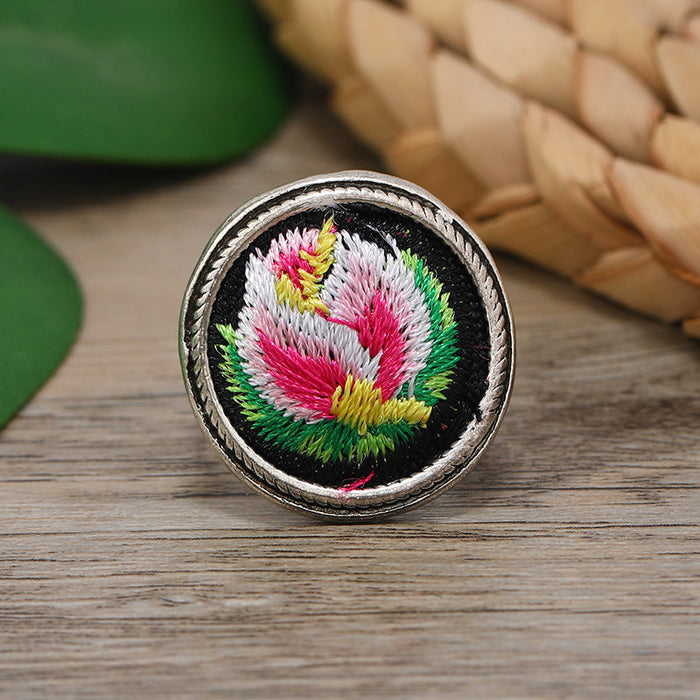 Wholesale Ethnic Style Handmade Miao Silver Embroidery Retro Alloy Ring JDC-RS-Luox001