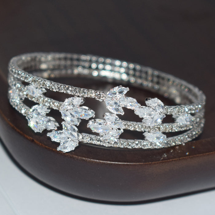 Wholesale Leaf Design Zircon Rhinestone Open Bangle Bracelet For Women Wedding Bridal Jewelry Accessory Everyday Wear
