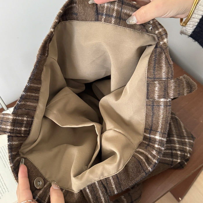 Wholesale Simple Woolen Handbag Large Capacity Classic Plaid Wool Shoulder Bag