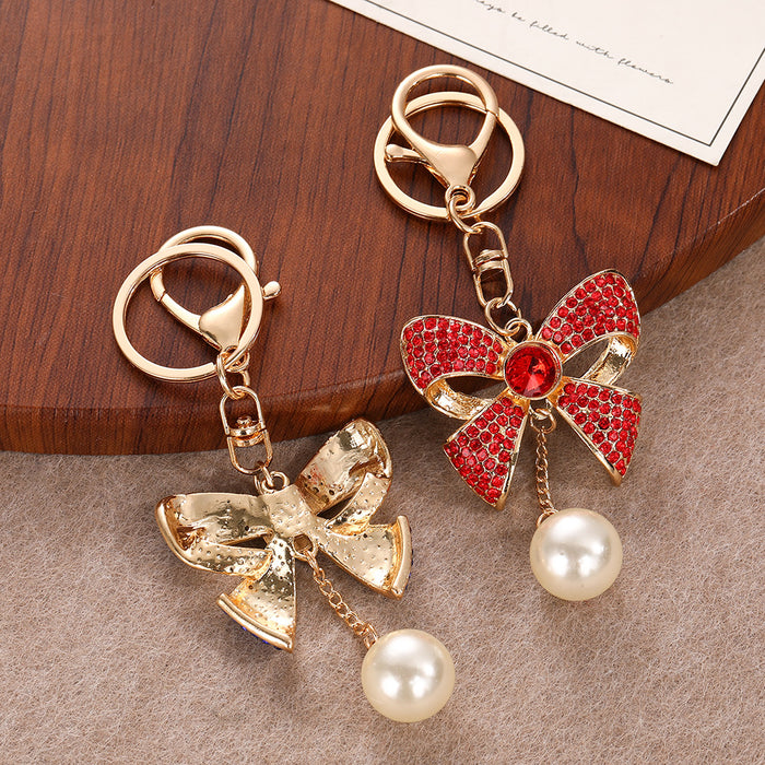 Wholesale Red Rhinestone Pearl Bow Keychain Bag Charm Car Key Accessory Birthday Gift MOQ≥2