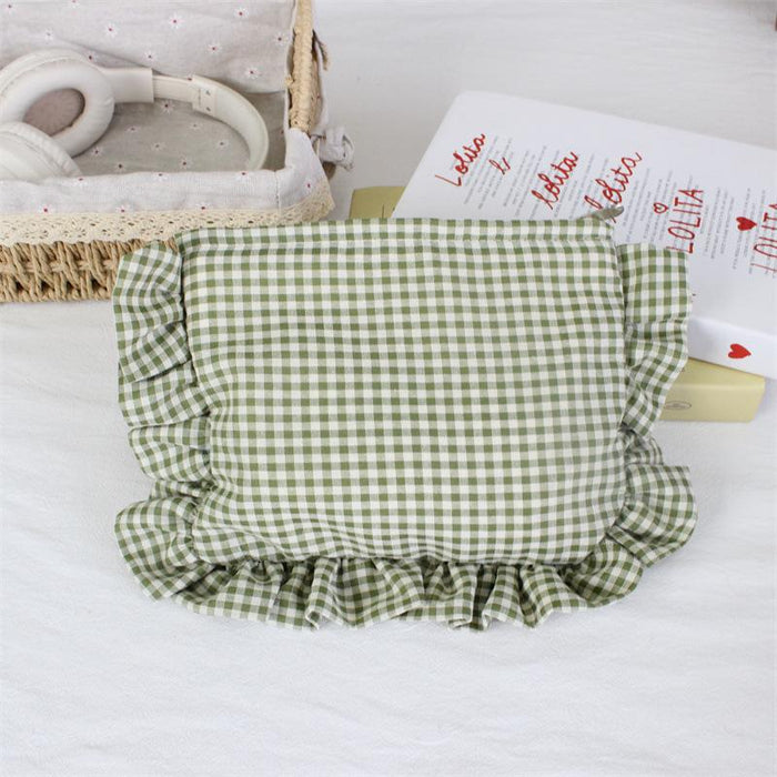 Wholesale Yellow Gingham Ruffle Trim Makeup Bag Large Capacity Portable Cosmetic Organizer For Everyday Use And Boutique Resale