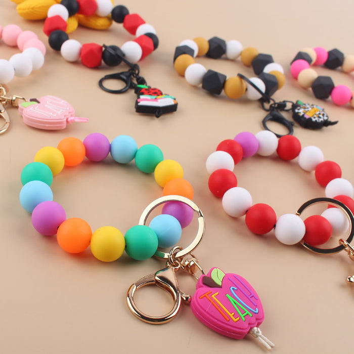 Wholesale Cartoon Apple Teacher Silicone Beaded Wristlet Keychain JDC-KC-GuangTian016