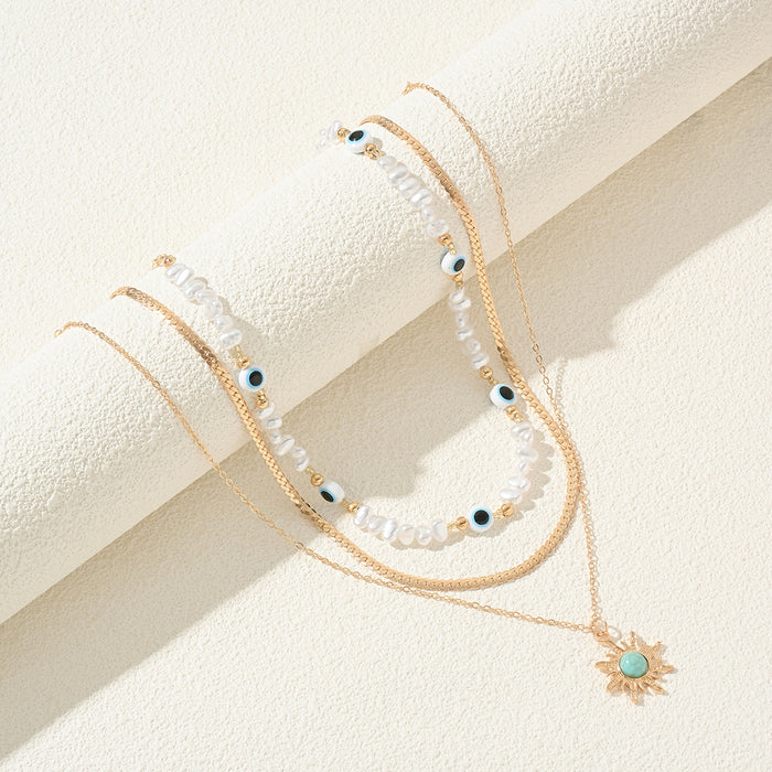 Wholesale Trendy retro octagonal star pendant necklace, layered with a high-end feel, Devil's Eye imitation pearl jewelry