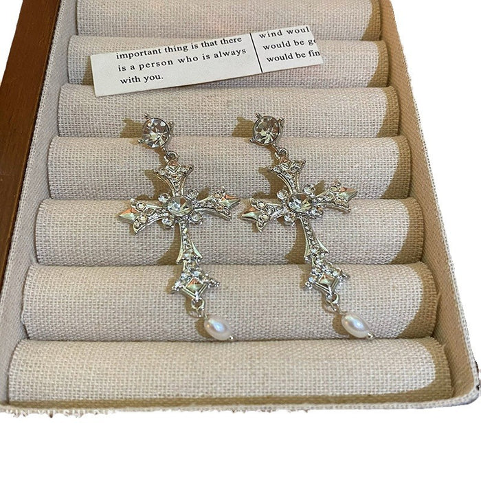 Wholesale Cross shiny zircon earrings, niche retro temperament, pearl pendant earrings, studs earrings