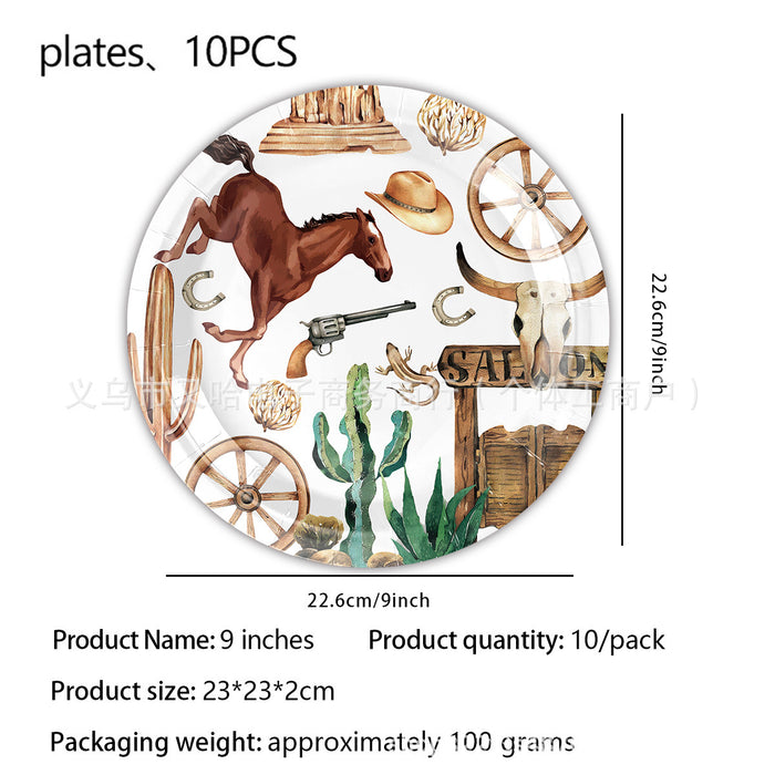 Wholesale Western Horse Racing Cowboy Kentucky Derby Party Set Paper Plates Napkins Tablecloth Tableware Horse Racing Theme