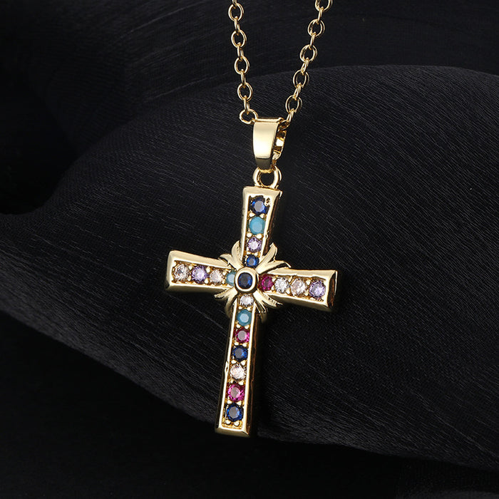 Wholesale Copper Inlaid Zircon Cross Pendant Necklace JDC-NE-ShangY035