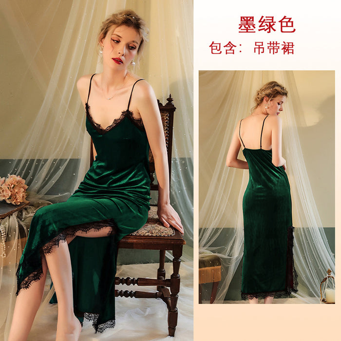 Wholesale Deep V Velvet Lace Long Nightdress JDC-PJ-FeiY001