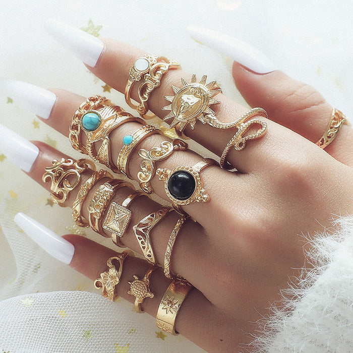 Wholesale Ethnic Style Retro Turquoise Carved Feather Ring Fashionable and Personalized 8-Piece Combination Ring Set