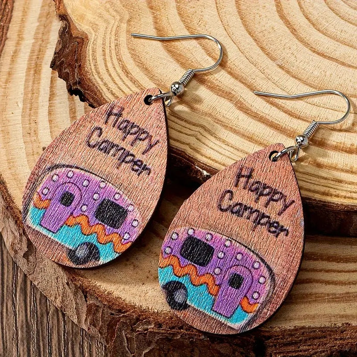 Wholesale  Water Drop Shape Colorful Pattern Pendant Wooden Earrings JDC-ES-WenT031