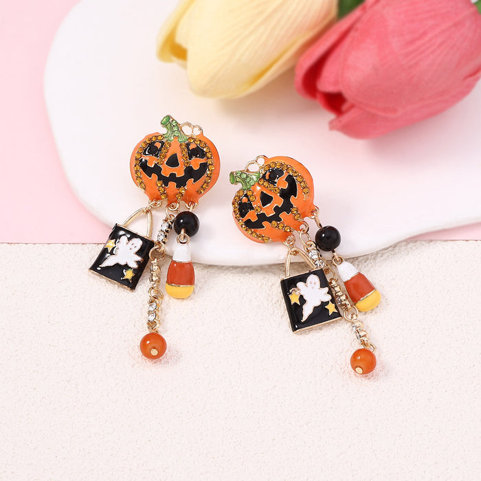 Wholesale Halloween Alloy Inlaid Zircon Pumpkin Skull Tassel Earrings JDC-ES-YueLi025