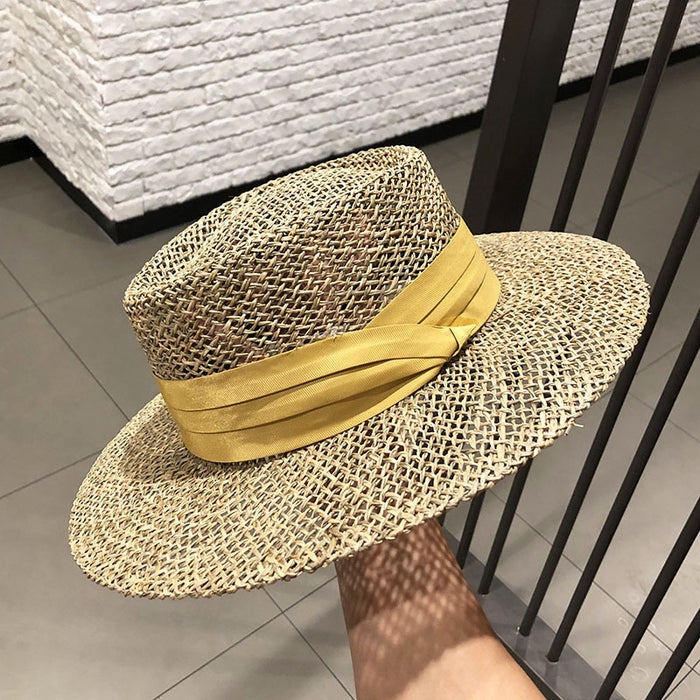 Wholesale Flat-Top Hat for Women Style British Fashion Travel Vacation Hollow Sun Hat