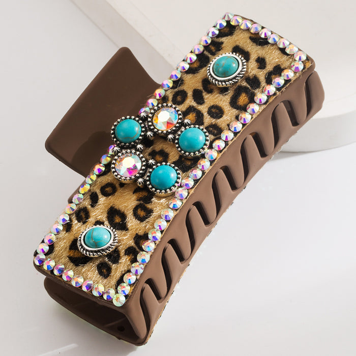 Wholesale Leopard Leather Diamond-encrusted Turquoise Grab Clip Back Head Tie Hair Clip Women' s Hair Clip
