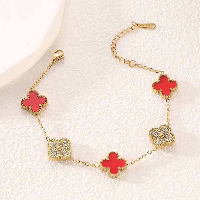 Wholesale Four leaf clover light luxury design double-sided five flower bracelet with diamond inlaid and flower titanium steel