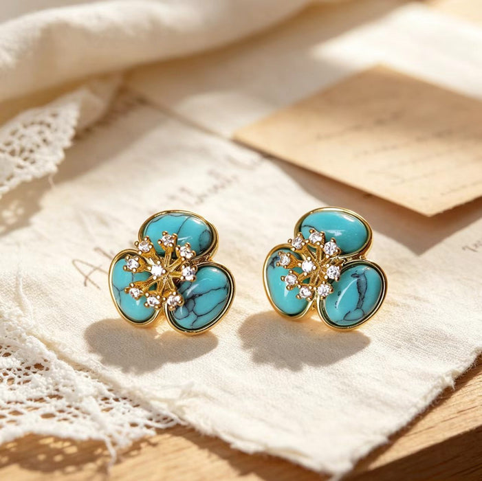 Wholesale Vintage Style Turquoise Inlaid Floral Earrings Copper Gold Plated Fashion Accessory