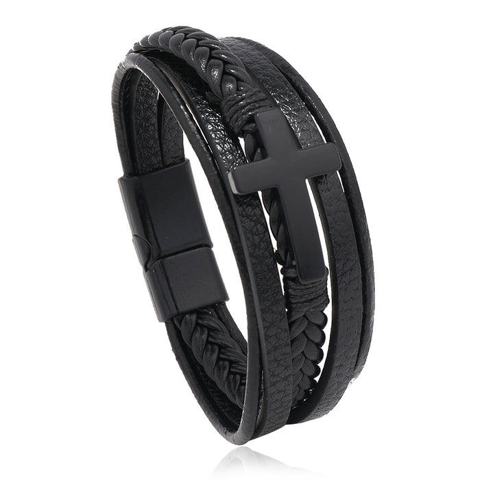 Wholesale Men's Hot Sale Hand Jewelry Can Be Engraved Braided Handmade Leather Magnetic Buckle Cross Alloy Bracelet JDC-BT-XH007