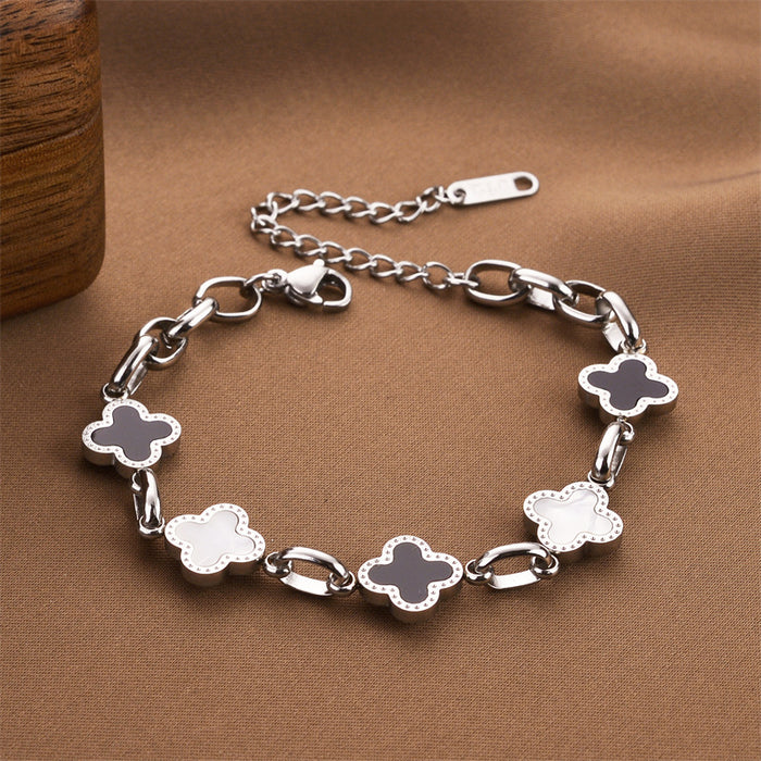 Wholesale Black and White Four-leaf Clover Titanium Steel Bracelet JDC-BT-QuanX004