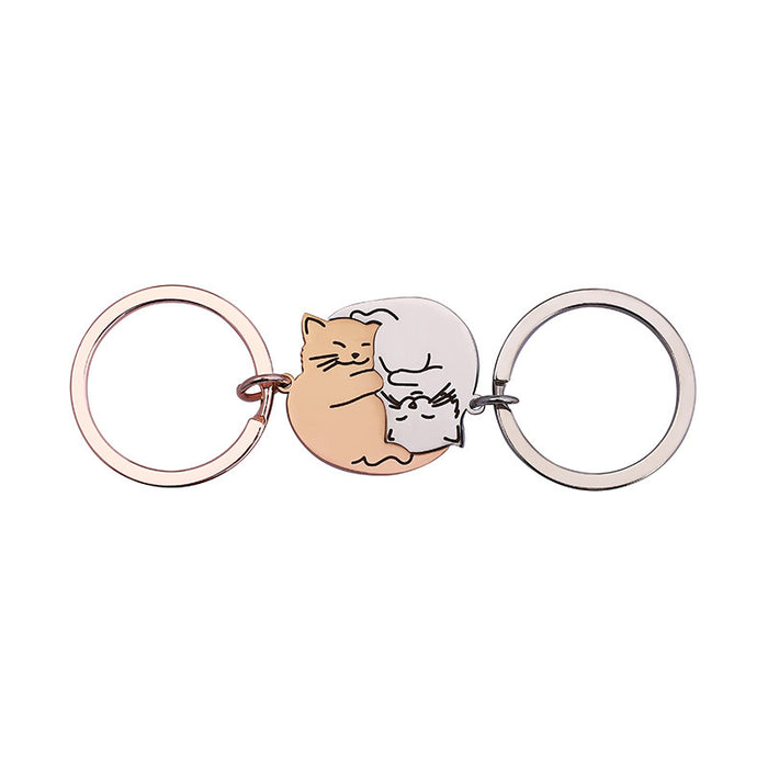 Wholesale cartoon black white cat stainless steel keychain couple jewelry small pendant
